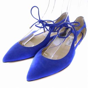 JIMMY CHOO パンプス フラット ポインテッドトゥ リボン スエード 37 24cm 青 ブルー