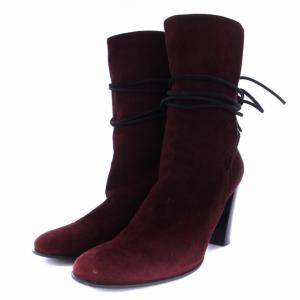 HERMES ショートブーツ チャンキーヒール 紐付き スエード 36.5 23.5cm バーガンディー