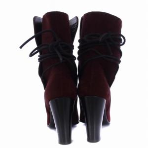 HERMES ショートブーツ チャンキーヒール 紐付き スエード 36.5 23.5cm バーガンディー