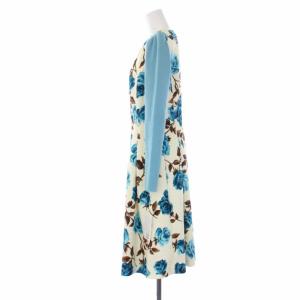 M'S GRACY 19年製 ワンピース ロング 長袖 ニット切替 花柄 40 L 白 水色 ホワイト ライトブルー