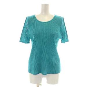 イッセイミヤケ カットソー 半袖 クルーネック メッシュ プリーツ シアー シースルー 水色