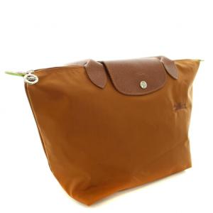 Longchamp ル プリアージュグリーンMショルダーバッグ トートバッグ ナイロン レザー ロゴ刺繍 茶 ブラウン