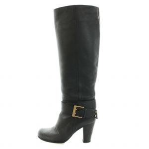 Chloe ブーツ ロング アーモンドトゥ チャンキーヒール レザー ベルト 36 23.0cm 黒 ブラック