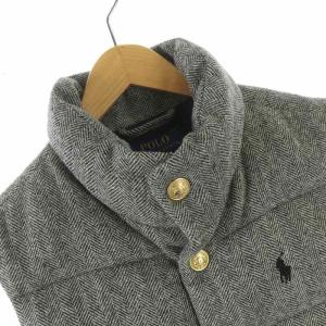 POLO RALPH LAUREN ダウンベスト ヘリンボーン シングル ハイネック 金ボタン 裏地チェック ワンポイント ウール S グレー