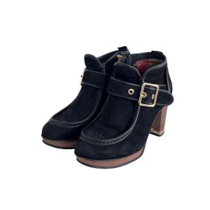 裏地チェック ベルト サイドジップ スエード ブーティ 23.5cm ブラック 黒