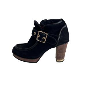 BLUE LABEL CRESTBRIDGE 裏地チェック ベルト サイドジップ スエード ブーティ 23.5cm ブラック 黒