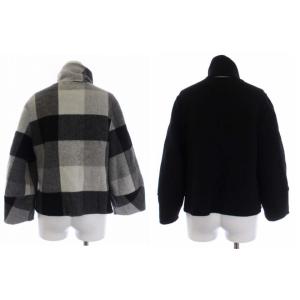 M'S GRACY 21年製 リバーシブル ベルテッドコンパクトジャケット チェック マフラー付き ウール 36 S 黒 ブラック 白 ホワイト