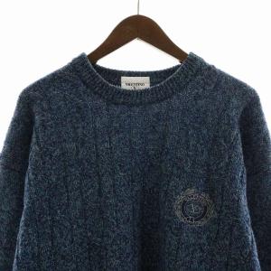 VALENTINO ヴィンテージ  ケーブルニット セーター 長袖 ウール ロゴ刺繍 5 L 紺 ネイビー 緑 グリーン