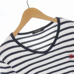 BURBERRY BLACK LABEL ニット カットソー Vネック プルオーバー ボーダー ワンポイント コットン 2 M 白 ホワイト 紺 ネイビー
