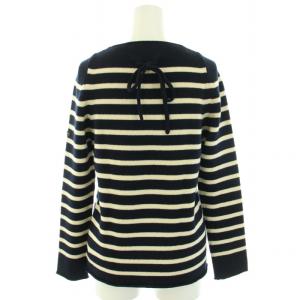 YURI PARK ニット セーター ラウンドネック 長袖 ボーダー柄 リボン ウール 紺 ネイビー 白 ホワイト