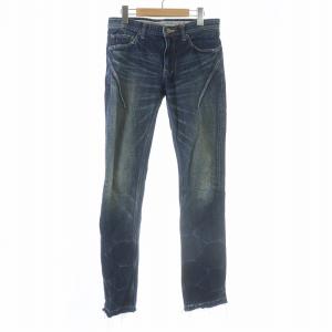 NUMBER (N)INE ハートパッチ デニムパンツ ジーンズ スリム ジップフライ カットオフ フリンジ USED加工 ダメージ加工 2 M インディゴ