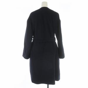 OLD ENGLAND ノーカラーコート ロング ベルト ウール カシミヤ混 34 XS 紺 ネイビー