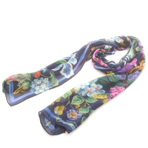 スカーフ ストール シアー シースルー 花柄 ロゴ シルク100％ 紺 ネイビー