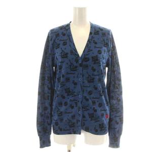 ニットカーディガン 長袖 Vネック 総柄 ロゴ刺繍 F 青 ブルー 黒 ブラック