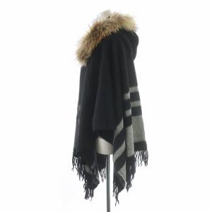Diagram GRACE CONTINENTAL シャギーボーダーストール ポンチョ フード フリンジ チャイニーズラクーンファー ウール F 黒 ブラック グレー ベージュ