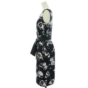 ANAYI ストレートワンピース ロング 花柄 ノースリーブ Vネック リボン 36 S 紺 ネイビー