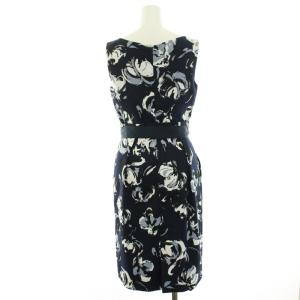 ANAYI ストレートワンピース ロング 花柄 ノースリーブ Vネック リボン 36 S 紺 ネイビー