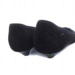 LOUIS VUITTON ポインテッドトゥ パンプス スエード ローヒール リボン 34 21.5cm 黒 ブラック