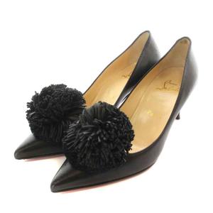 パンプス レザー ポインテッドトゥ ハイヒール ピンヒール ポンポン 36 23.0cm 黒 ブラック