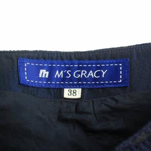 M'S GRACY スカート フレア ひざ丈 花柄 刺繍 38 M 紺 ネイビー 黒 ブラック