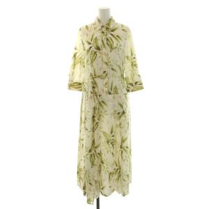 23SS アンスリウムプリントワンピース シャツワンピース ロング 五分袖 花柄 36 S 緑 グリーン 白 ホワイト 0323131129