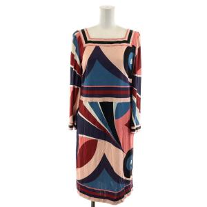 ワンピース ひざ丈 長袖 シルク 絹 I42 M マルチカラー ピンク 赤 レッド 青 ブルー 黒 ブラック