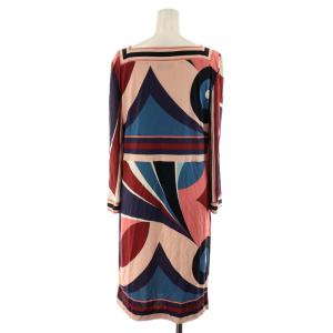 Emilio Pucci ワンピース ひざ丈 長袖 シルク 絹 I42 M マルチカラー ピンク 赤 レッド 青 ブルー 黒 ブラック
