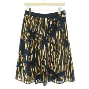 スカート ロング ミモレ フレア 総柄 ストライプ柄 2 M 紺 ネイビー 黄 イエロー