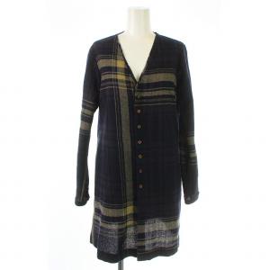 ブラウス シャツ チュニック 長袖 Vネック チェック ウール 2 M 紺 ネイビー