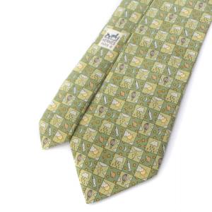 HERMES ネクタイ 天気 ロケット 気球 総柄 絹 シルク100％ 緑 グリーン