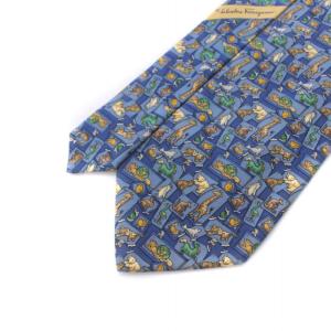 Salvatore Ferragamo ネクタイ 動物 総柄 絹 シルク100％ 青 ブルー