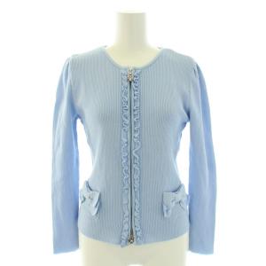 フラワースライダージップアップカーディガン ニットカーディガン 長袖 リボン フリル 38 M 水色 ライトブルー