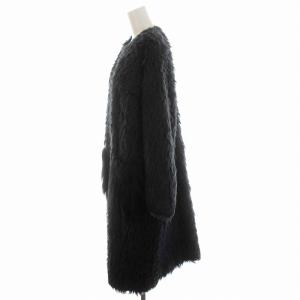 LANVIN en Bleu ノーカラーコート ロング ミックスシャギー ジップアップ アウター 38 M 紺 ネイビー