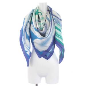 A la Plume 羽根 カレ140 カレジェアン スカーフ 大判 シルク ブルー グリーン