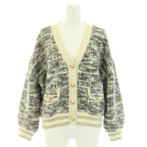 22AW ツイードトリミングニットカーディガン Vネック 長袖 金ボタン ウール混 36 S グレー 白 ホワイト
