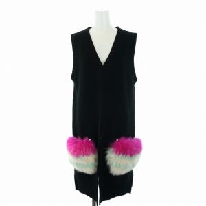 ファーニットベスト ジャケット ロング パール ウール 0 XS 黒 ブラック 12A401