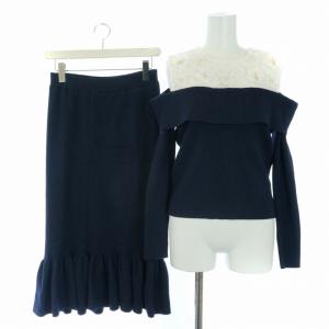 20SS セットアップ 上下 フラワーレースニット カットソー オープンショルダー 長袖 フレアスカート ロング F 紺 ネイビー