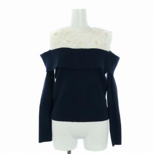 Chesty 20SS セットアップ 上下 フラワーレースニット カットソー オープンショルダー 長袖 フレアスカート ロング F 紺 ネイビー