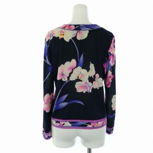 LEONARD FASHION カットソー 長袖 クルーネック 花柄 ウール シルク L 紺 ネイビー 紫 パープル