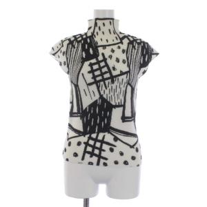 ボックスプリーツ グラフィック柄 ハイネック カットソー 半袖 黒 白 ブラック ホワイト MI41FK313