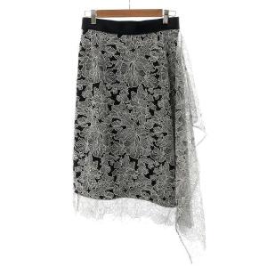 ADORE 22SS バイカラーチュールレースイレギュラーヘムスカート ミモレ ロング 刺繍 38 M 黒 ブラック 白 ホワイト 531-2120425