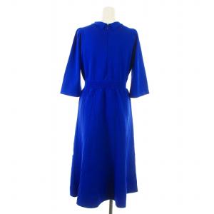 CELFORD 衿付きプリーツニットOP ニットワンピース フレア 七分袖 ミモレ ロング ストレッチ 38 M 青 ブルー CWNO184111