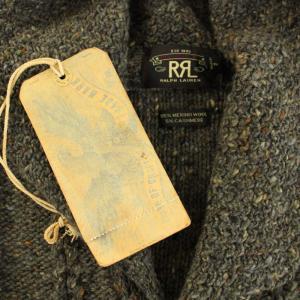 RRL ラルフローレン ニットカーディガン 長袖 ケーブル編み くるみボタン タグ付き ウール カシミヤ混 S グレー 茶 ブラウン