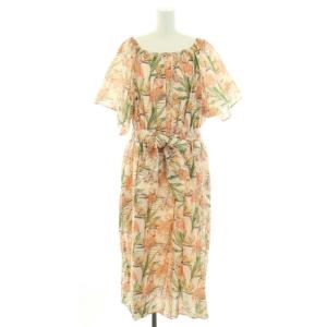 19SS フラミンゴプリントワンピース ロング ギャザーネック 半袖 リボンベルト タグ付き 38 M ピンク 緑 グリーン