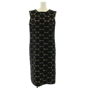 タイトワンピース ミモレ ロング ノースリーブ スリット ドット柄 38 M 黒 ブラック