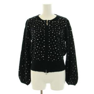 ニット カーディガン 長袖 ジップアップ クルーネック ビジュー装飾 ウール ナイロン 36 S 黒 ブラック AK-118613