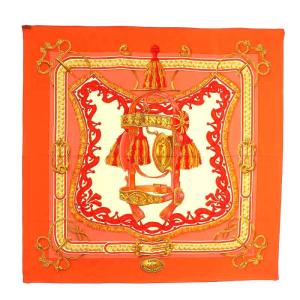 カレ90 ブライドデクール BRIDE DE COUR 法廷の勒 スカーフ 総柄 絹 シルク オレンジ マルチカラー