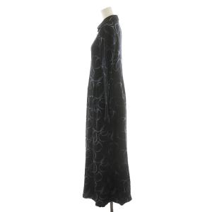 AKANE UTSUNOMIYA ワンピース ミモレ ロング 長袖 ウール シルク混 絹混 36 S 紺 ネイビー 水色 ライトブルー