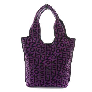 KENZO トートバッグ ニット ジャガード ロゴ 総柄 ポリエステル フェイクレザー フラットポーチ付き 紫 パープル 黒 ブラック