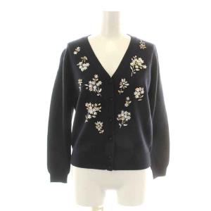18SS ニットカーディガン 長袖 Vネック 花柄 スパンコール パール ビジュー装飾 ウール混 F 紺 ネイビー シルバー色